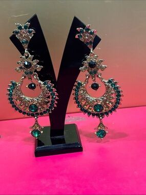 Emerald Crystal Statement Chandbali Earrings - Women Jewelry